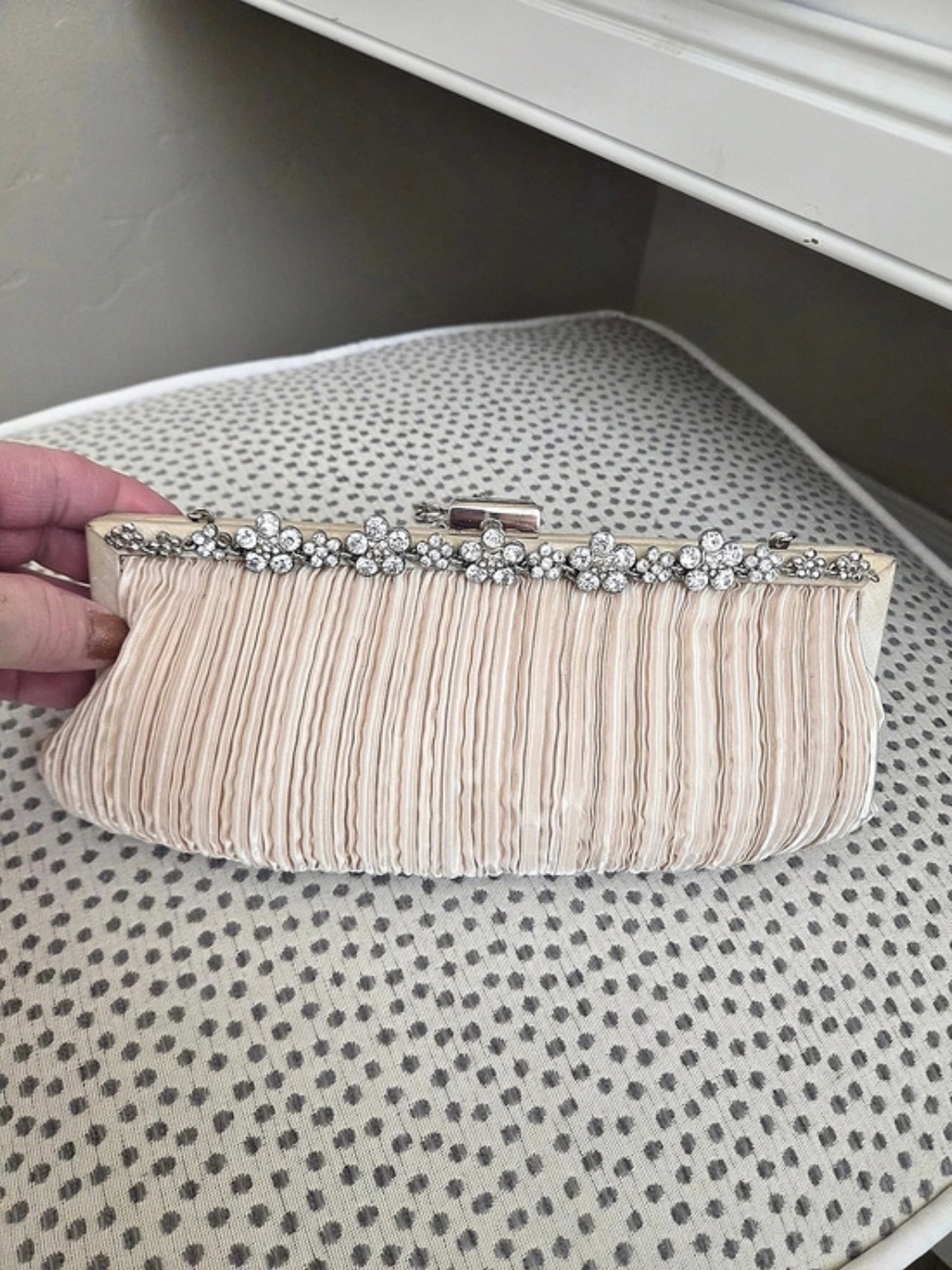 Pleated Crystal Clutch in Cream & Silver Like New